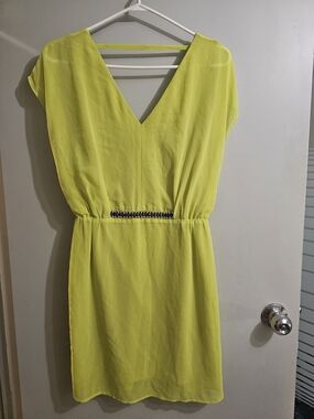 Warehouse Neon Yellow V-Neck Mini Dress with Waist Accent